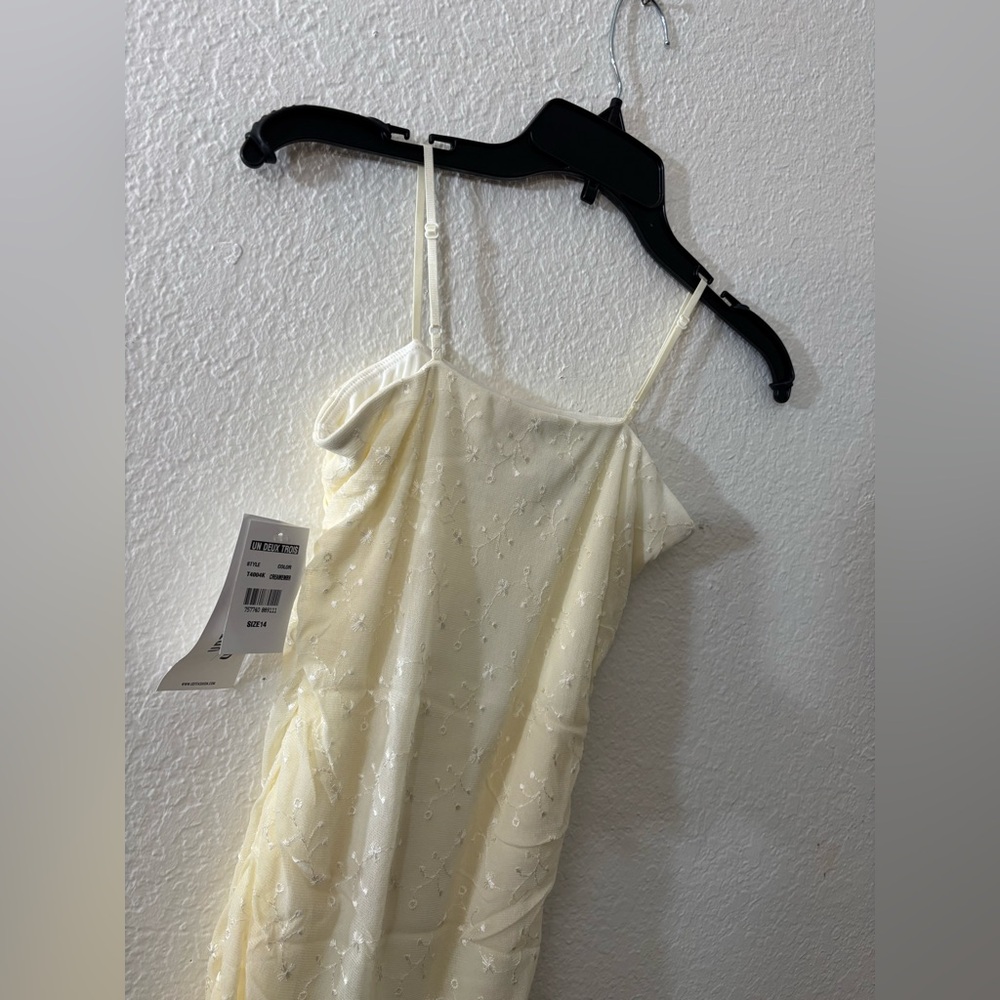NWT Un Deux Trois Ivory Light Yellow Embroidered Ruched Midi Dress Sz 14 - Picture 6 of 10